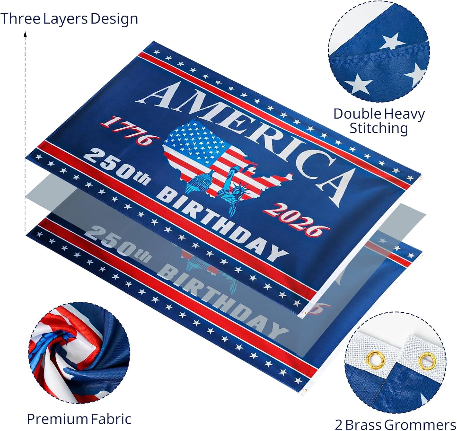 America 250 Flag - 3x5 Ft Double Sided 3 Layers 250 Anniversary USA Flag - 4th of July Decorations Independence Day Patriotic America 250th Birthday Flag for Indoor Outdoor Decoration