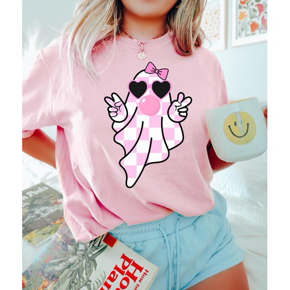Cute Girly Ghost Blowing Bubble T-shirt, Cute Ghost T-shirt, Retro Checkered Ghost Bow T-shirt, Cute Pink Ghost T-shirt, On Wednesday We Wear Pink.