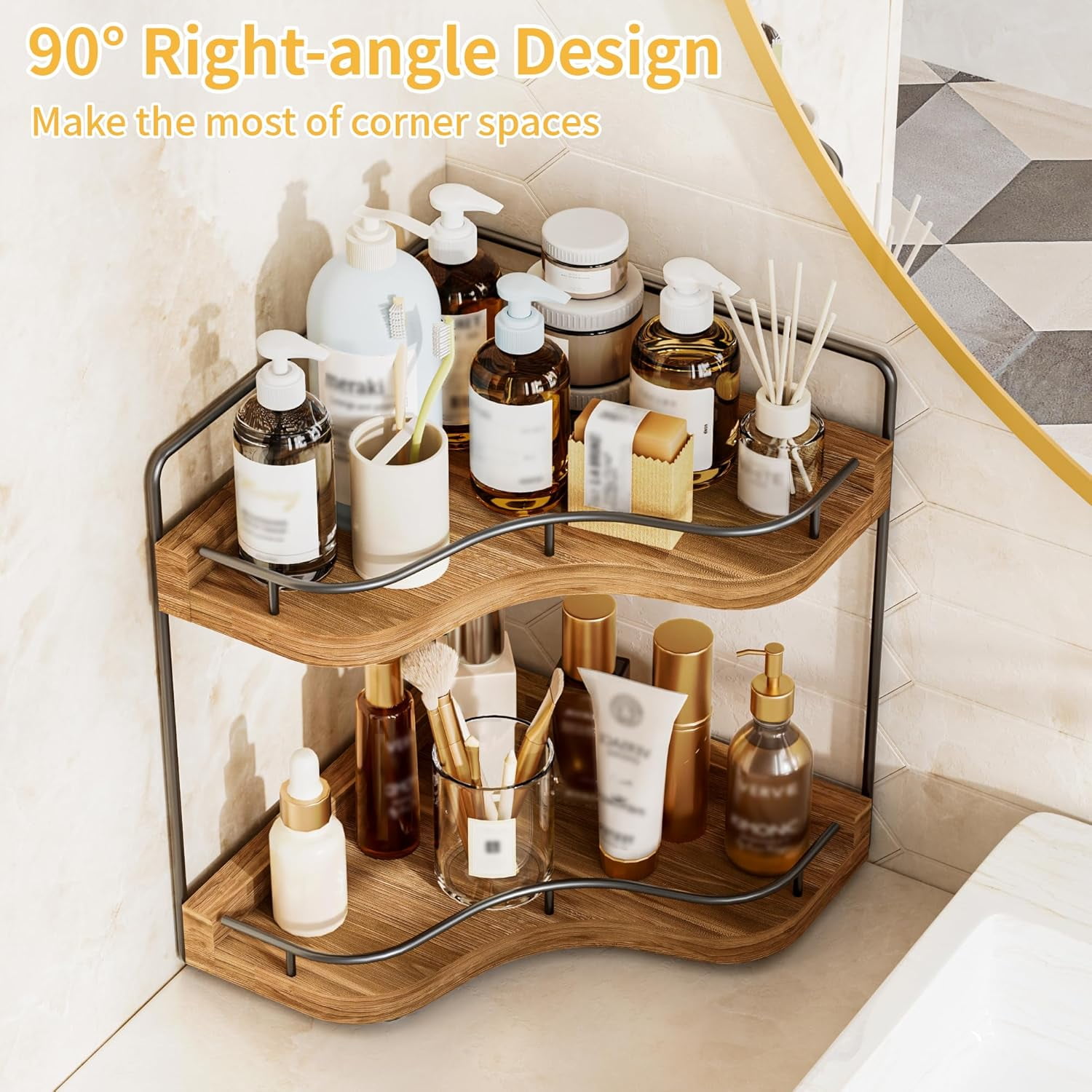 JDNRXO 2-Tier Corner Bathroom Counter Organizer with Embedded Screw Holes, Secure & Stable Wood Vanity Shelf for Makeup and Skincare Essentials - Space Saving Bathroom Countertop Storage