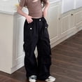 thumbnail image 3 of Hotiary Girl Casual Cargo Pant Kids Solid Color Fashion Elastic High Waist Straight Leg Pants with Pockets Black for 6-16Y, 3 of 8