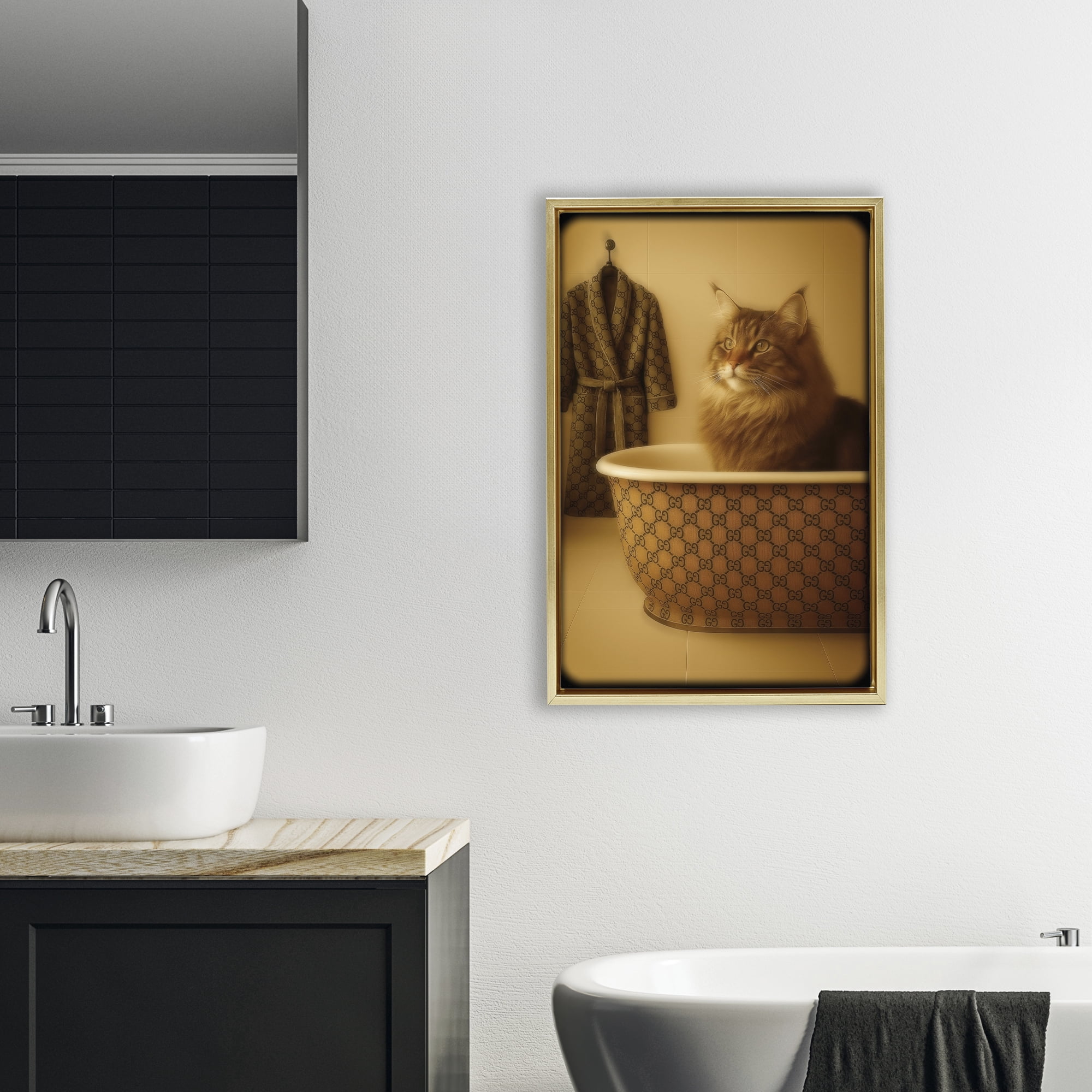 Stupell Industries Couture Main Coon in Luxury Tub Gold Framed Floater Canvas Wall Art, design by Grotto Studios