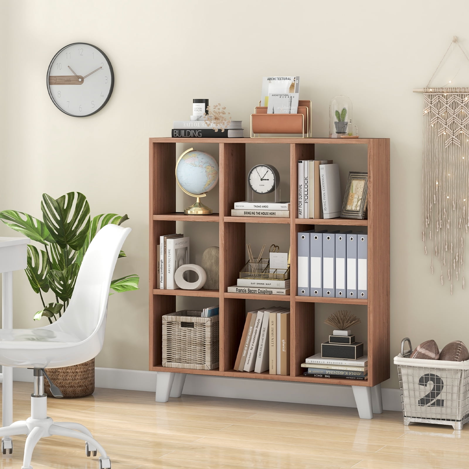Topbuy 9-Cube Open Bookcase 3-Tier Floor Standing Bookshelf with 4 Slanted Legs 6 Removable Shelves Brown