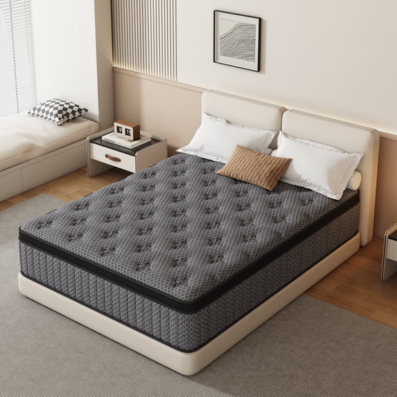 HIKOS 12 inch Queen Mattress in a Box, Cooling Gel Memory Foam Hybrid Mattress with Individually Wrapped Pocket Coils, Medium Firm Queen Size Mattress, Pressure Relief for Adult