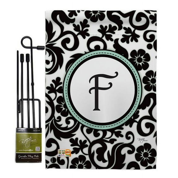 Breeze Decor BD-SB-GS-130058-IP-BO-D-US09-BD 13 x 18.5 in. Damask F Initial Interests Simply Beauty Impressions Decorative Vertical Double Sided Garden Flag Set with Banner Pole