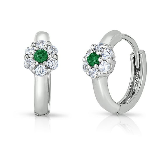 Tilo Jewelry 925 Sterling Silver Flower Huggie Hoop Earrings with Green CZ Birthstone | May-Emerald | Small 13mm Dainty Huggie Earrings for Women & Unisex