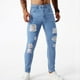 thumbnail image 1 of Pantalones largos para hombre, casuales, de moda, con bolsillos perforados, color sólido, elásticos, ajustados, de pierna corta, de mezclilla, pantalones para hombre, 1 of 9