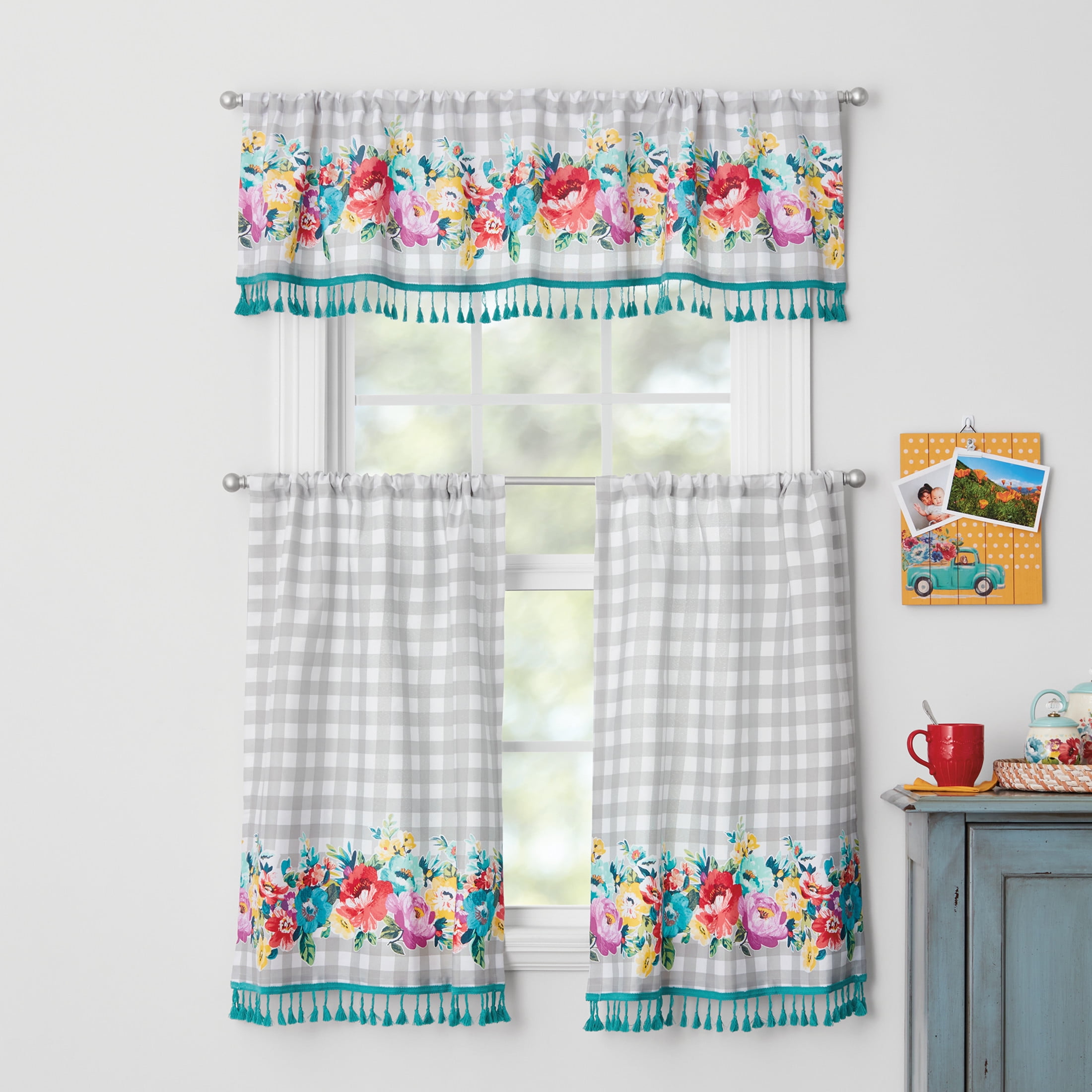 (2 pack) The Pioneer Woman Sweet Romance 3-Piece Curtain Tier Pair and Valance Set, 60 in W x 36 in L, Multi