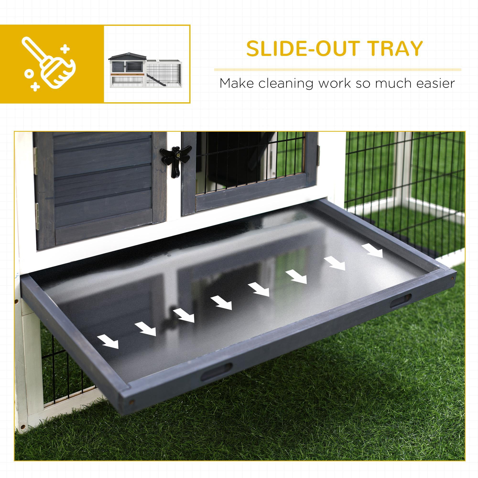 Pawhut Solid Wood Rabbit Hutch with 2 House Levels and Patio Space, Strong Black Metal Cage Wire, and Easy Clean Tray