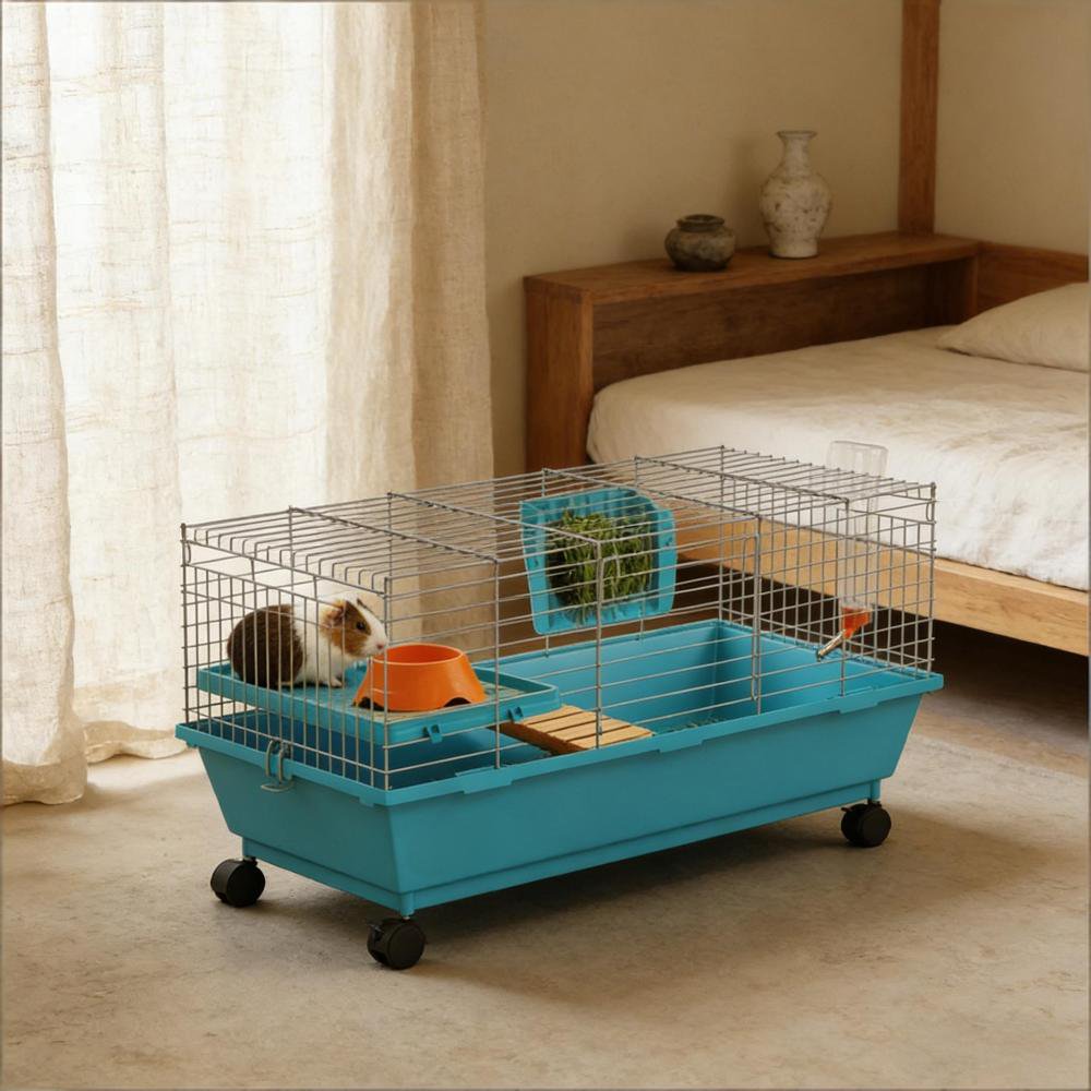 Mobile Small Animal Cage 35” – Rolling Rabbit Hutch with Ramp, Food Bowl, Hay Feeder & Water Bottle, Easy Access Top & Front Doors for Guinea Pigs or Chinchillas (Blue)
