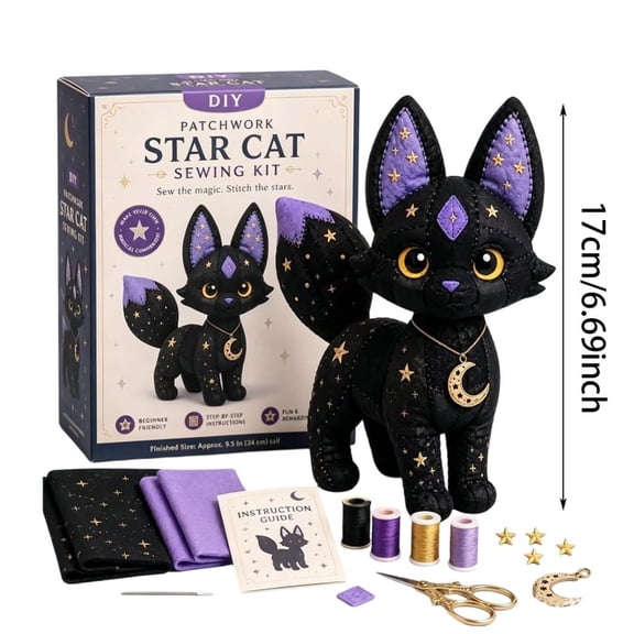 Mystic Patchwork Animal Sewing Kit, Mystic Patchwork Star Cat Sewing Kit, DIY Craft Sewing Kit, Fantasy Patchwork aft Set with Fabric, Needle and Accessories
