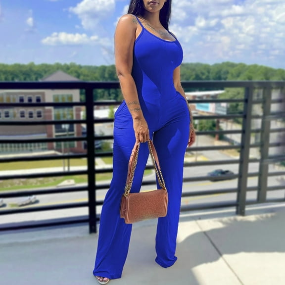 Gaecuw Jumpsuits for Women Dressy Sleeveless Cold Shoulder Spaghetti Strap Overall Square Neck Band Collar Solid Onesie One Piece Outfits Casual Seamless Long Pants Summer Romper Ankle Length