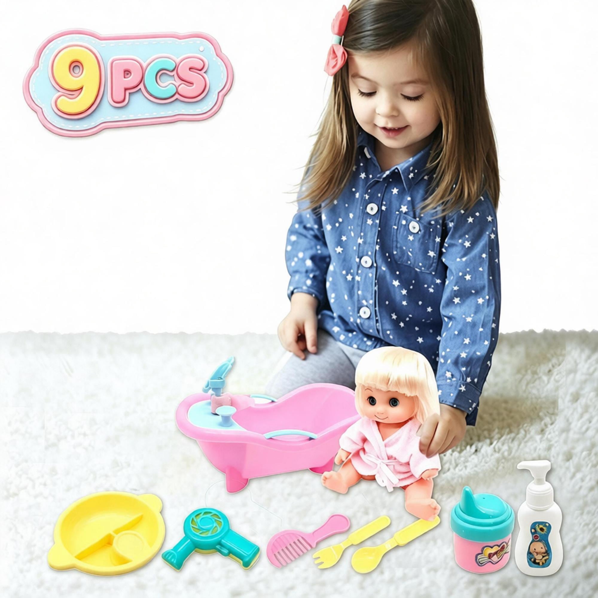 9 Pcs Baby Doll Bath Pretend Play Playset Toddler Role Play House Care Toy with Bathtub Grooming Tableware Accessories Educational Imaginative Play Gift for Boys Girls Ages 3+ Indoor Play Supplies