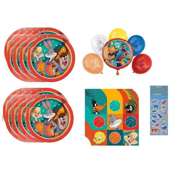 Space Jam Birthday Party Supplies Bundle includes 16 Paper Plates 7", 16 Paper Napkins 2-Ply 6.5", Balloon Bouquet includes 1 Mylar Foil Balloon 18" and 5 Latex Balloons 12", 1 Dinosaur Sticker Sheet