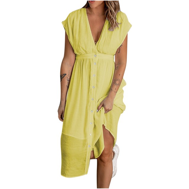 Birdeem Robe Femme Mode Décontractée à Col en V Profond, Simple Boutonnage, Manches Courtes, Taille, Double Tulle, Couleur Unie