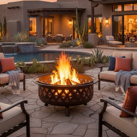 Sunnydaze Outdoor Camping or Backyard Crossweave Cut Out Fire Pit with Spark Screen, Log Poker, and Metal Wood Grate - 36" - Bronze