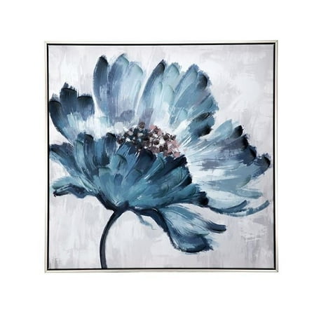 Benjara 30 x 30 Embellished Handpainted Floral Canvas Wall Art, Blue and White