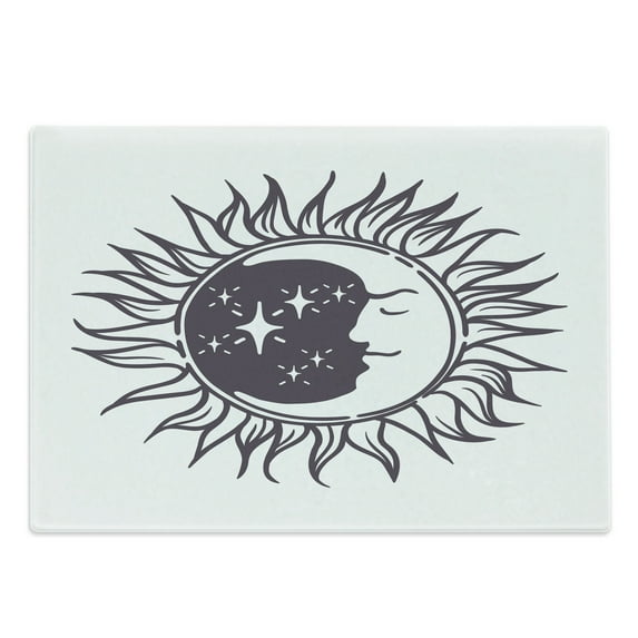 Moon Rays Cutting Board, Cartoon Style Art Depiction of Stars and Crescent in Sun Circle Print, Decorative Tempered Glass Cutting and Serving Board, in 3 Sizes, by Ambesonne