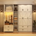 thumbnail image 2 of ANPOO 94''H White Extra Tall Armoire Wardrobe Closet w/ Top Cabinet, 2 Drawers & Storage Shelves, Farmhouse 3 Doors Armoire Wardrobe Closet w/ Barn Door & Sensor Light, LED Wooden Large Armoire, 2 of 10