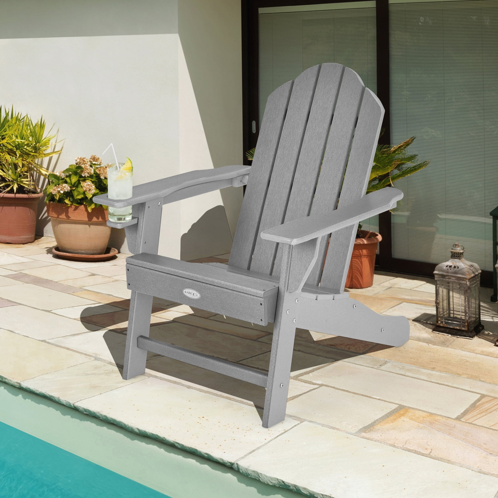 Patiojoy 2PCS Adirondack Chair Outdoor with Cup Holde Weather Resistant Lounger Chair for Backyard Garden Patio and Deck Grey