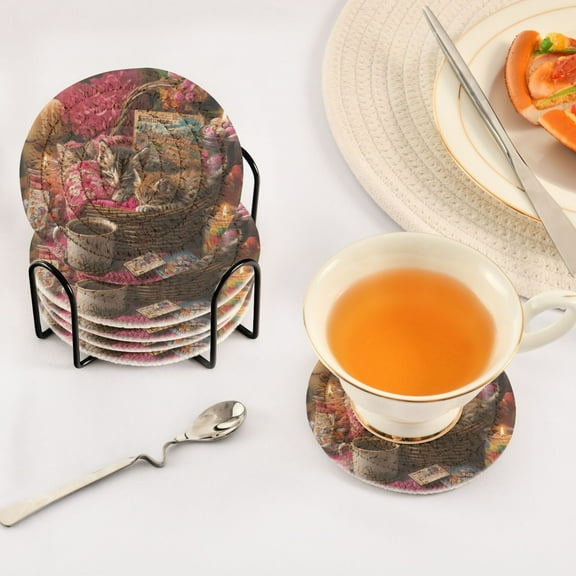 BZSMCE 6Pcs Drink Coasters With Holder 3.94Inch Three Kittens Sleeping in Basket Creative Coil Coaster Coasters Colors Absorbent Coasters for Drinks Coasters Set Thicken Heat for Home Table