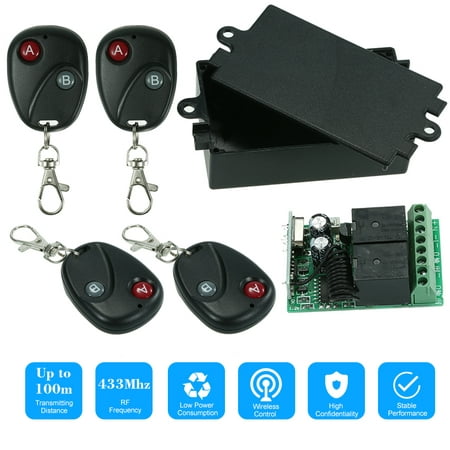433Mhz DC 12V 2CH Universal 10A Relay Wireless Remote Control Switch Receiver Module and 4PCS 2 Key RF 433 Mhz Transmitter Remote Controls 1527 Chip Smart Home