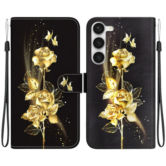 Nalacover Colorful Pattern Wallet Case for Samsung Galaxy S23 Plus,Shockproof Premium PU Leather Magnetic Clasp Cover with Credit Card Slots Holder Kickstand Slim Phone Case,Golden Butterfly Rose