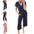 thumbnail image 3 of Mono de pierna ancha de manga corta con cordones y cuello en V Poliéster Moda Casual Ropa de mujer Azul S, 3 of 5