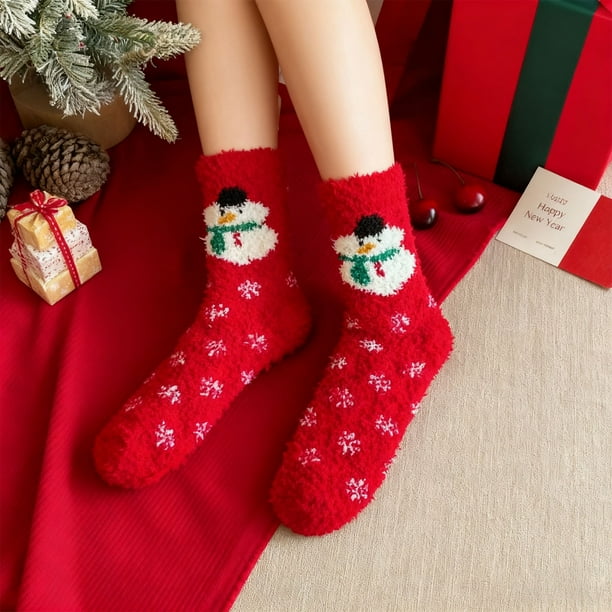 Calcetines navideños de polar para mujer | Calcetines térmicos ultrasuaves de invierno | Calcetines antideslizantes de media pantorrilla | Estampados festivos | Pack de 2 para estar en casa