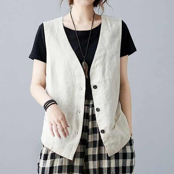 WNEGSTG Vests for Women 2023 Spring and Autumn Linen Vest Sleeveless Casual Vest Solid Sweetheart Cotton Linen Short Coat
