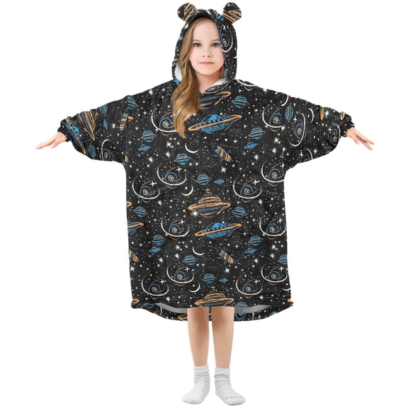 Wearable Blanket Hoodie for Kids Dreamy Spaceship Flannel Hooded Blanket with Pockets and Sleeves Suitable for Boys and Girls