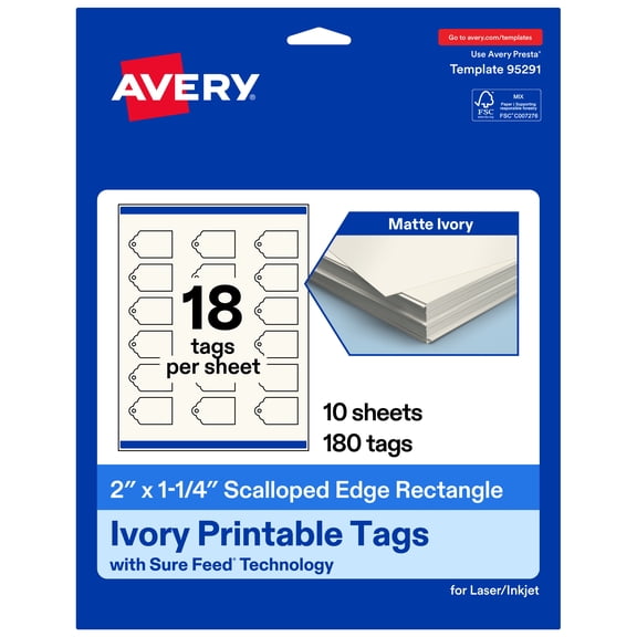 Avery 2" x 1-1/4" Rectangle Scalloped Tags, Matte Ivory, 180ct