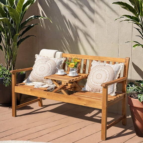 Outdoor Bench 2-Person Acacia Garden Chair Patio Porch Furniture with Foldable Small Table Plate for Deck, Yard, Balcony, Natural$$Garden & Patio