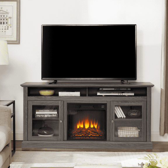 Fireplace TV Stand for Television Up to 65", Wood Console Table with Glass Doors and Storage, Farmhouse Entertainment Center with Electric Fireplace, for Living Room