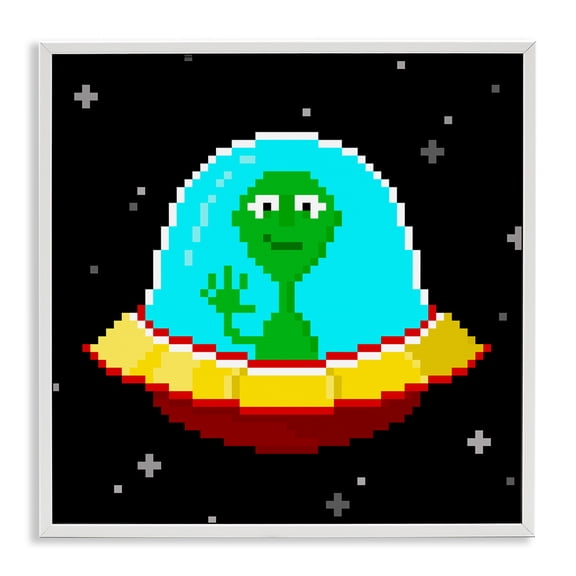 Stupell Industries Pixel Alien Spaceship Novelty & Humor Painting White Framed Art Print Wall Art, 24 x 24