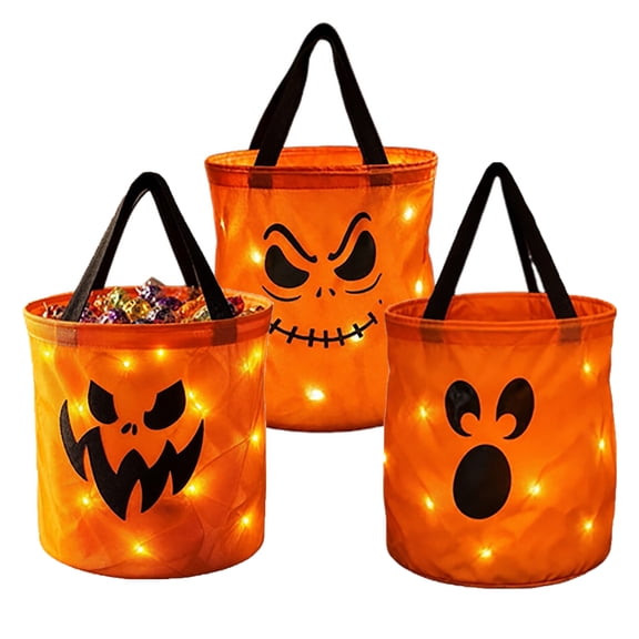 3 Pcs LED Light Halloween Candy Bags, Reusable Light Up Multipurpose Halloween Trick or Treat Bucket with Pumpkin Smile Face for Halloween Party Favors Goodie Bags