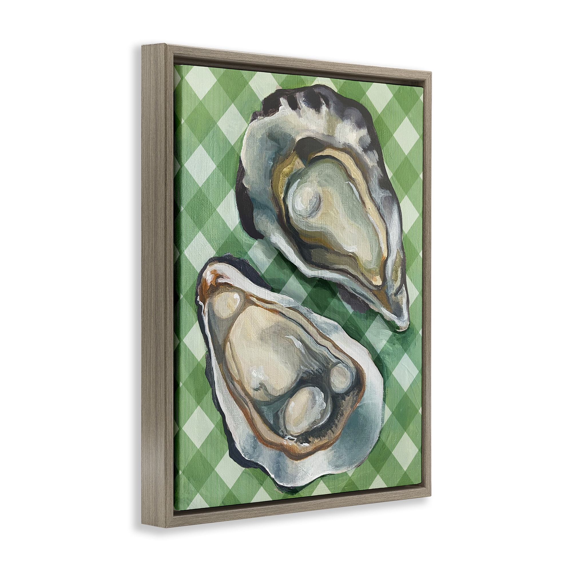 Stupell Industries Oysters on Green Plaid Animals Painting Brown Floater Framed Canvas Art Print Wall Art, 17 x 21