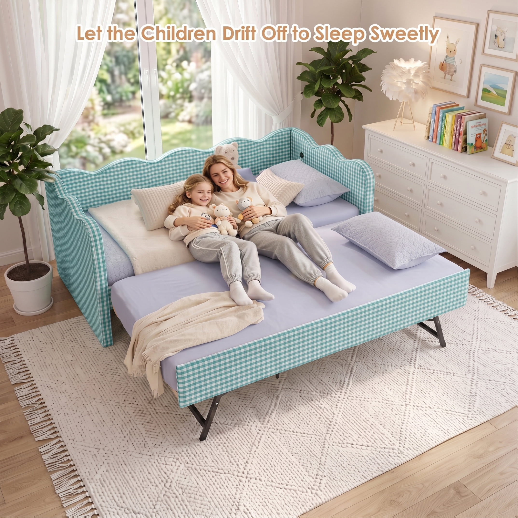 avobird Cozy Gingham Daybed with Trundle Queen Size Sofa Bed for Living Room, Sleeper Sofa with USB Port and Adorable Wave Shaped, Linen Fabric, Cyan