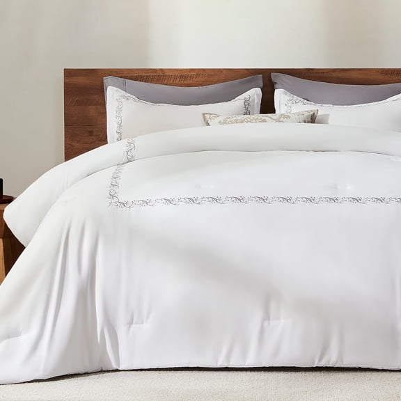 Sleep Zone Full/Queen Comforter Set, 3Pcs Natural Branches Embroidered Stripes Luxury Hotel Lightweight Down Alternative Duvet Insert