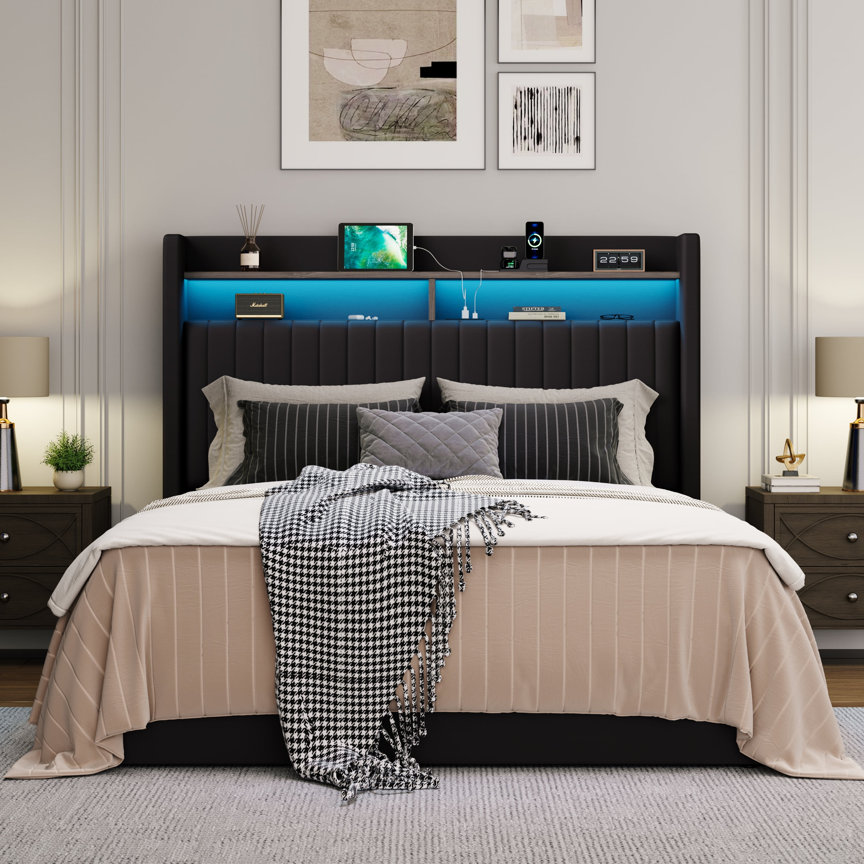 Amolife Full Hydraulic Lift-Up Storage Bed Frame, LED Headboard with Fast Charging (USB/Type-C), 2-Tier Shelves & Velvet Upholstered, Black