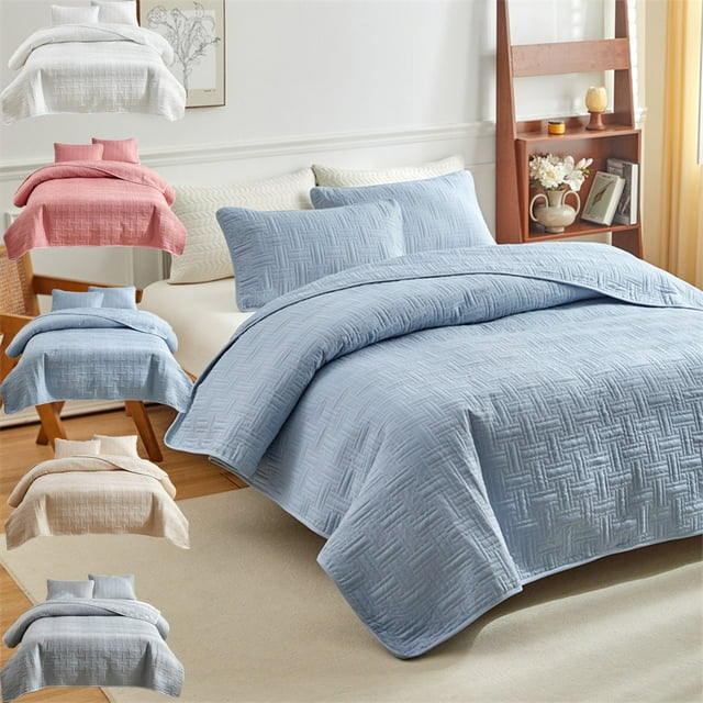 WKWeiS Double Sided Washed Cotton Quilted Bed Cover 3 Pcs Set Solid Colo Pillowcase20X26In up to 40% Off