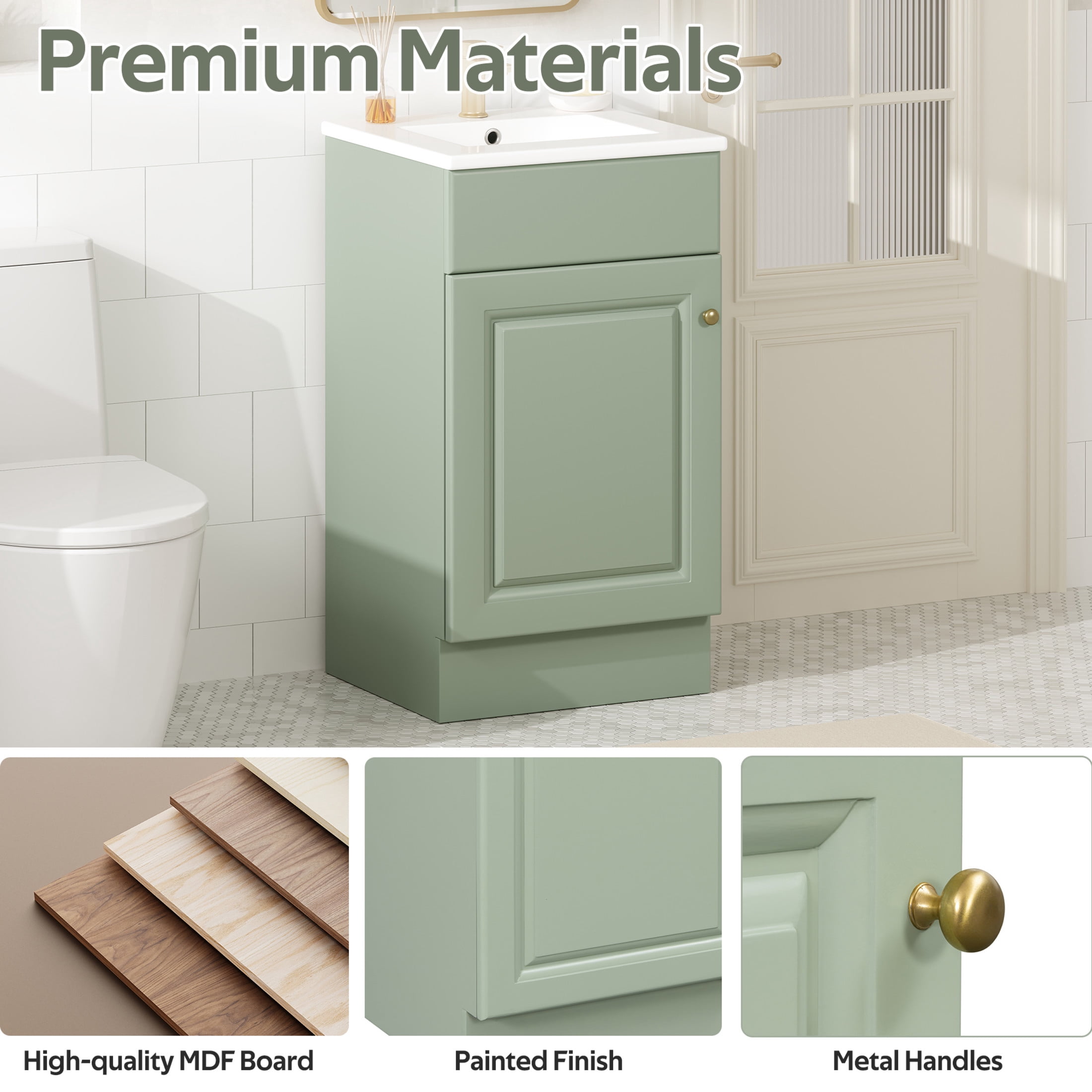 Christopher Knight Home Modern 18" Bathroom Vanity Cabinet with Ceramic Sink, Soft-Close Door, and Adjustable Storage, Light Green