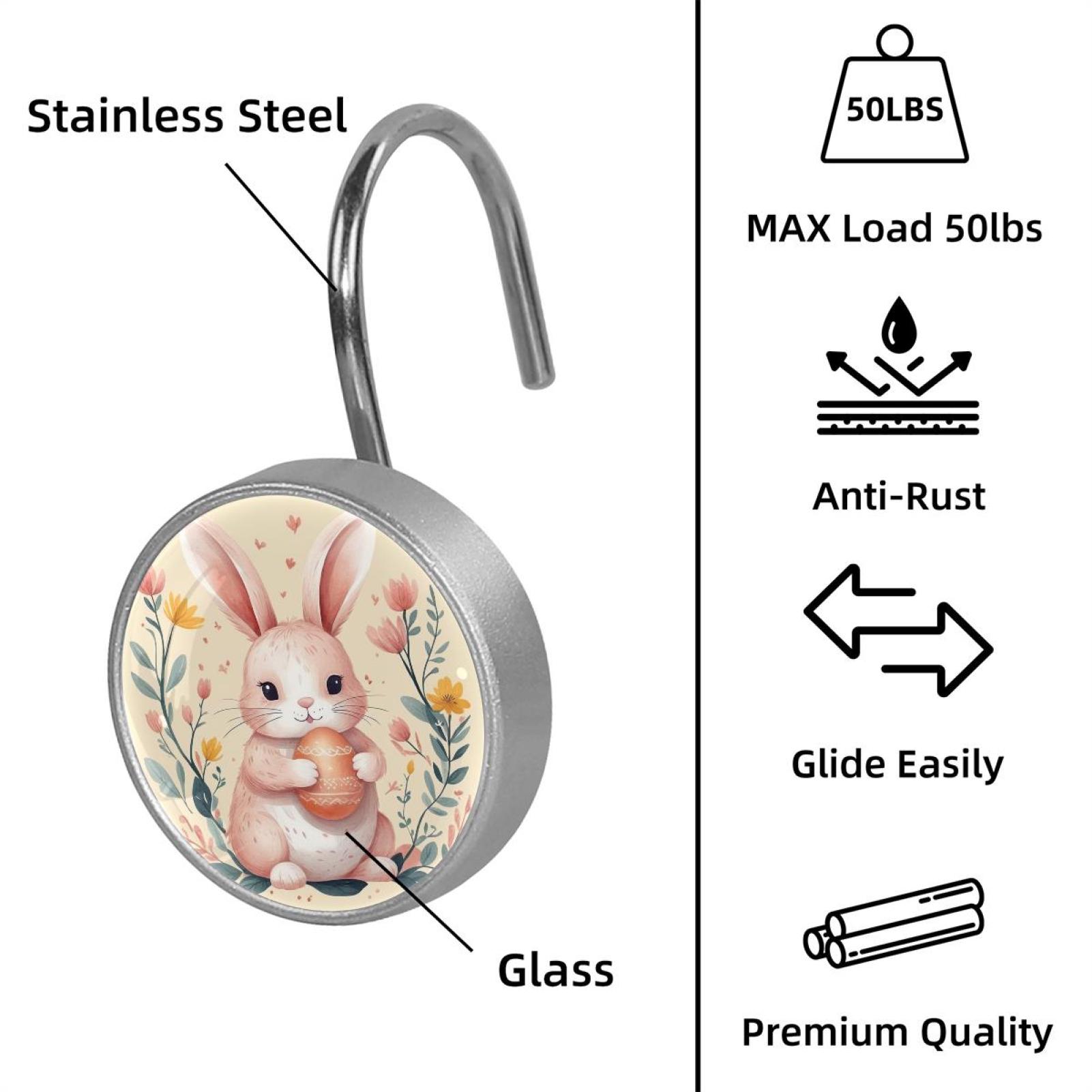 Imobaby 12 Pcs Metal Shower Curtain Hooks Rust Proof for Shower Curtain Liner - Pink Bunny Flower