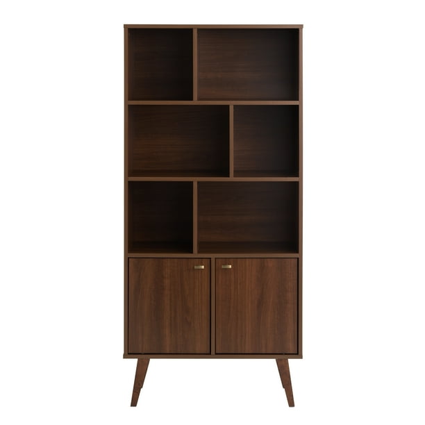 Prepac Milo Mid-Century Modern Bookcase with Inlet Shelves, Two Doors ...