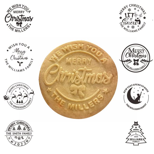 2023 Sello de galleta de Feliz Navidad personalizado con su nombre de familia Diseño elevado en 3D para hornear sellos de galletas adecuados para fondant, glaseado, pasteles decorativos/pasta de azúca