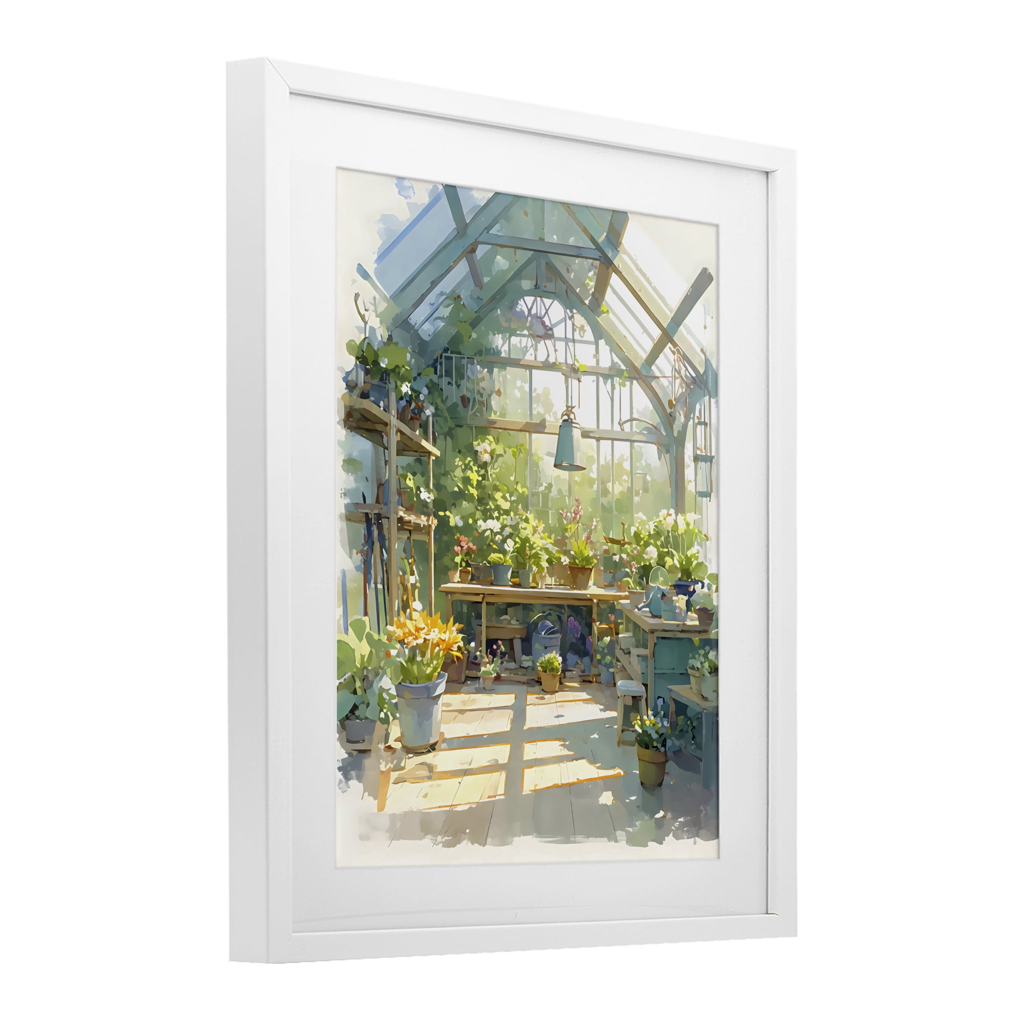 Sunlit Greenhouse Plant Sanctuary White Framed Print Under Glass, 13 x 16 - By Creative Studio