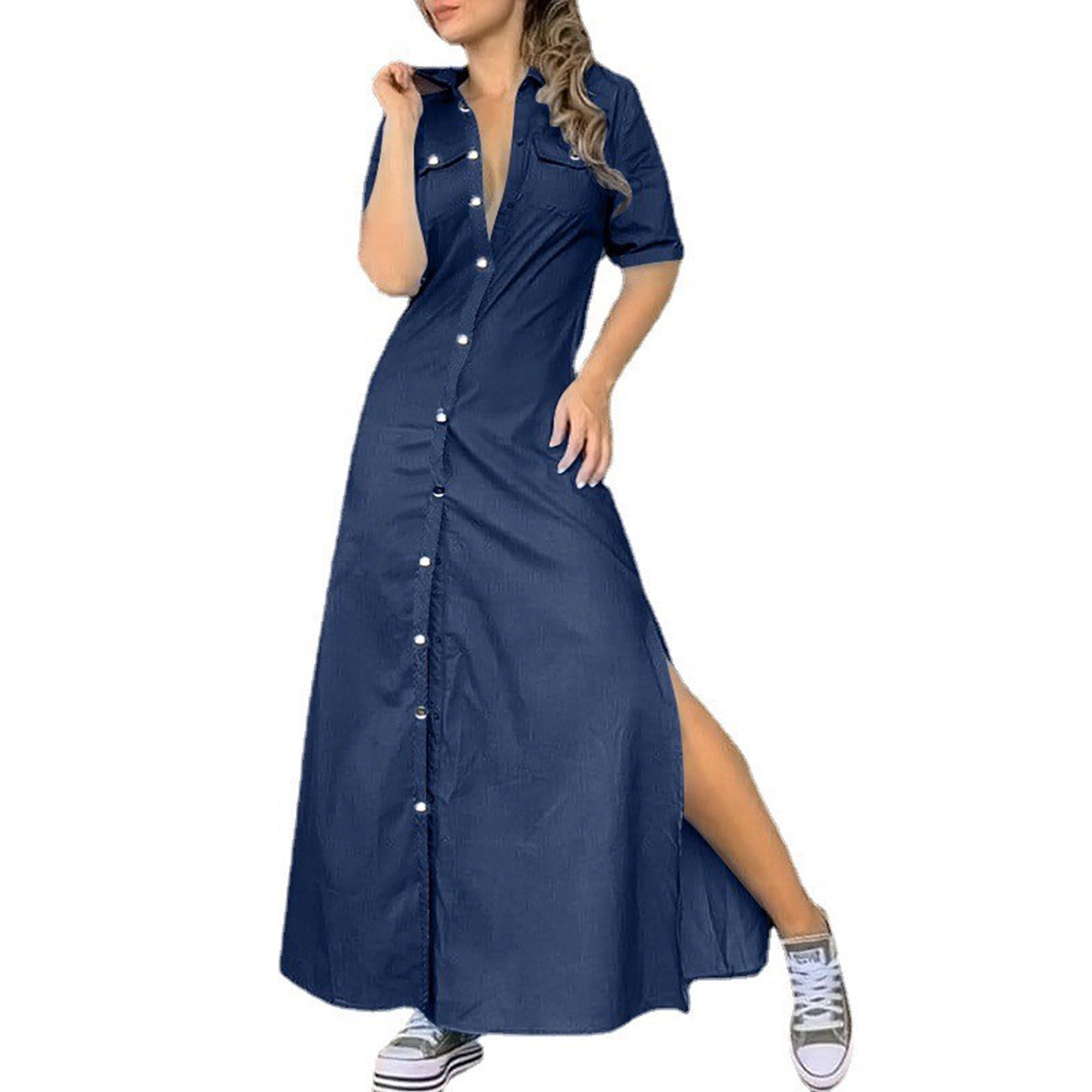 Bellella Women Bohemian Long Dress Solid Color Jean Maxi Denim Dresses Party Summer Beach Sundress Navy Blue L Other