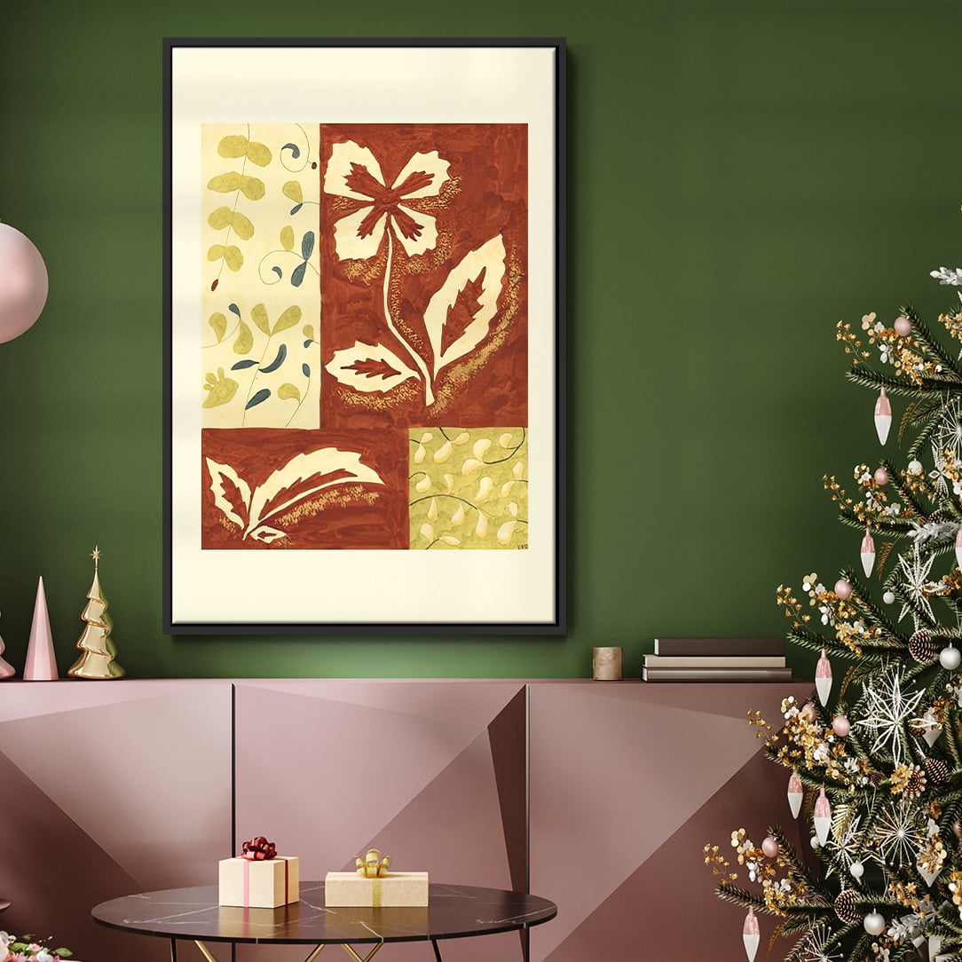 Festive Floral II - Framed Gallery Wrapped Holiday Canvas - 27 x 41 - Black Frame