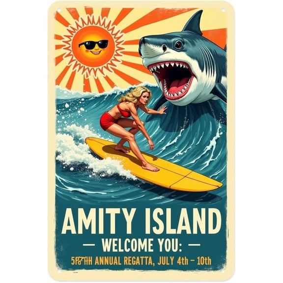 Surfing Shark Vintage Metal Tin Sign, Welcome Beach Wall Decor for Garden, Yard, Bar, Porch, Home or Kitchen, 8 x 12 in