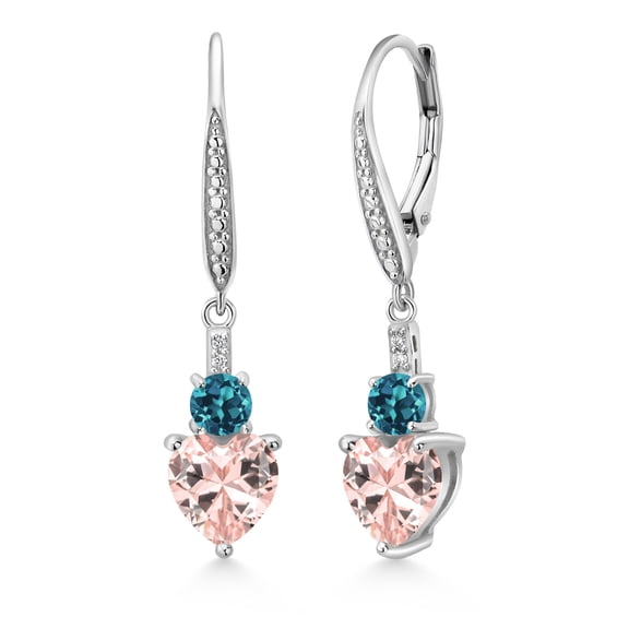 Gem Stone King 925 Sterling Silver Peach Nano Morganite London Blue Topaz and White Lab Grown Diamond Drop Dangle Earrings for Women (3.19 Cttw, Heart Shape 7MM, Round 4MM)