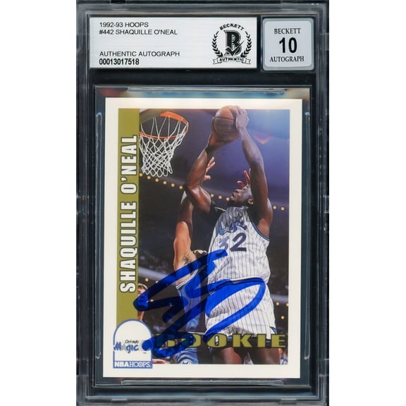 Shaquille O'Neal Autographed 1992-93 Hopps Rookie Card #442 Orlando Magic Auto Grade Gem Mint 10 Beckett BAS 220146